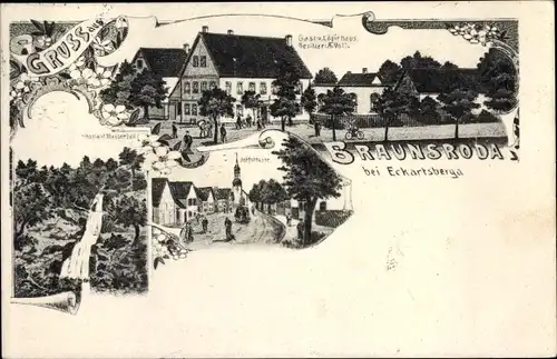 Litho Braunsroda An der Poststraße im Burgenlandkreis, Gast- u. Logirhaus, Wasserfall, Dorfstraße