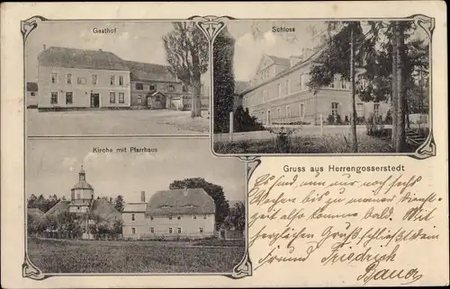 Ak Herrengosserstedt An der Poststraße im Burgenlandkreis, Gasthof, Schloss, Kirche, Pfarrhaus