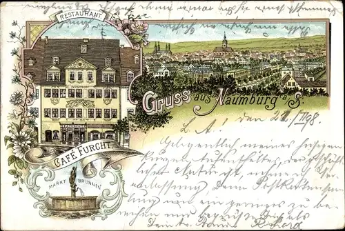 Litho Naumburg an der Saale, Cafe Furcht, Marktbrunnen, Restaurant, Gesamtansicht