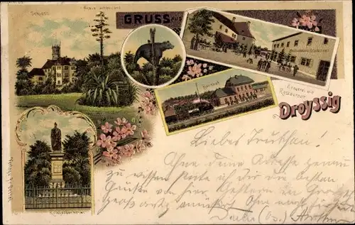 Litho Droyßig im Burgenlandkreis, Brauerei, Bahnhof, Schloß