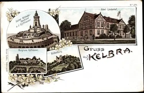 Litho Kelbra am Kyffhäuser, Kaiser-Wilhelm-Denkmal, Hotel Lindenhof, Burgruine, Rothenburg