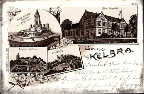 Litho Kelbra am Kyffhäuser, Kaiser-Wilhelm-Denkmal, Hotel Lindenhof, Burgruine, Rothenburg