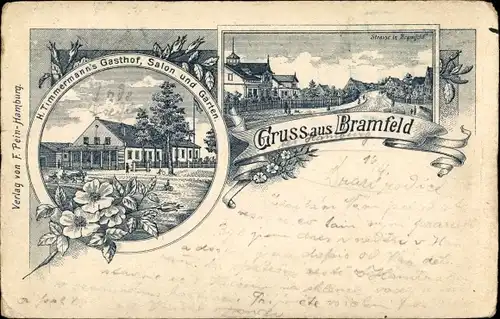 Litho Hamburg Wandsbek Bramfeld, Gasthof, Straßenpartie