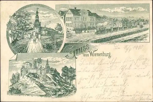 Litho Wiesenburg Wildenfels in Sachsen, Bahnhof, Gleisseite, Schloss