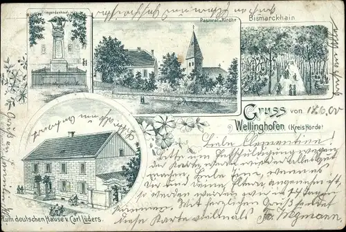 Litho Wellinghofen Dortmund im Ruhrgebiet, Bismarckhain, Pastoralkirche, Gasthaus zum deutschen Haus