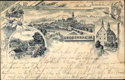 Litho Burgbernheim Mittelfranken Bayern, Schmetterling, Blick auf den Ort, Kirche