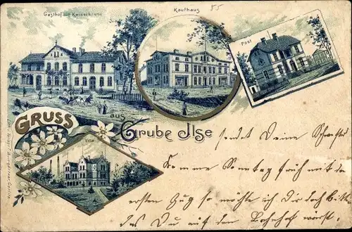 Litho Großräschen in der Niederlausitz, Grube Ilse, Kaufhaus, Villa, Gasthof zur Kaiserkrone