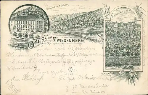 Vorläufer Litho Zwingenberg am Neckar Baden, Schloss, Blick auf den Ort, 1895