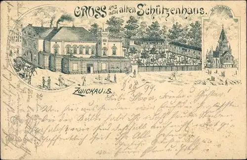 Litho Zwickau in Sachsen, Gasthaus altes Schützenhaus, Moritzkirche