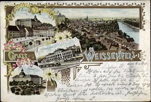 Litho Weißenfels an der Saale, Schloss, Bahnhof, Gleisseite, Totalansicht