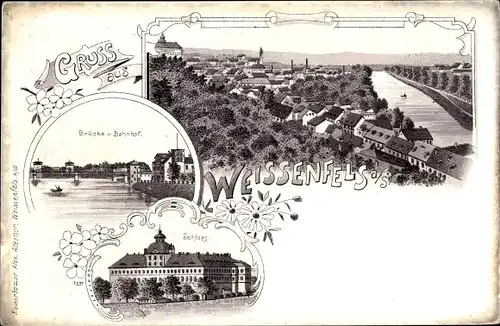 Litho Weißenfels im Burgenlandkreis, Brücke, Bahnhof, Schloss, Totalansicht