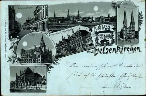 Mondschein Litho Gelsenkirchen im Ruhrgebiet, Bahnhofstraße, Kirche, Rathaus, Landratsamt