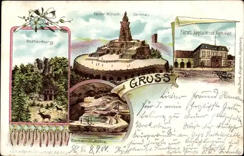 Litho Kyffhäuserland, Rothenburg, Kaiser Wilhelm Denkmal; Jagdschloss Rathsfeld, Barbarossahöhle
