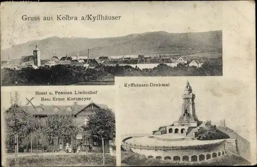 Ak Kelbra am Kyffhäuser, Hotel Lindenhof, Totalansicht, Kaiser Wilhelm Denkmal