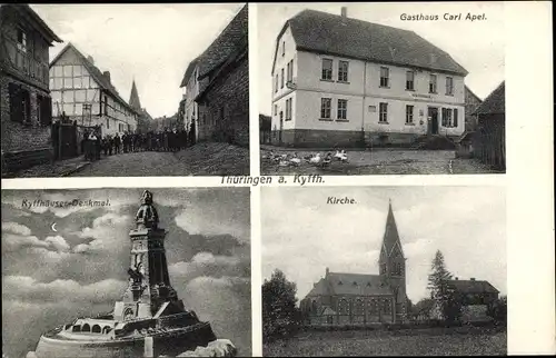 Ak Thürungen Kelbra am Kyffhäuser, Kirche, Gasthaus, Straßenpartie, Kaiser Wilhelm Denkmal