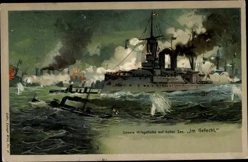 Litho Deutsche Kriegsschiffe, Kriegsflotte auf hoher See, Gefecht