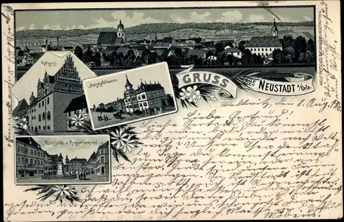 Litho Neustadt an der Orla, Bahnhofstraße, Rathaus, Marktplatz, Kriegerdenkmal, Totalansicht