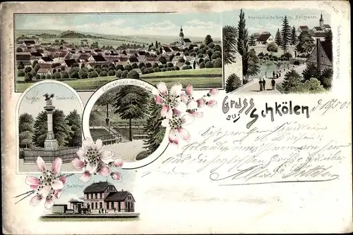Litho Schkölen in Thüringen, Bahnhof, Kriegerdenkmal, Totalansicht der Ortschaft