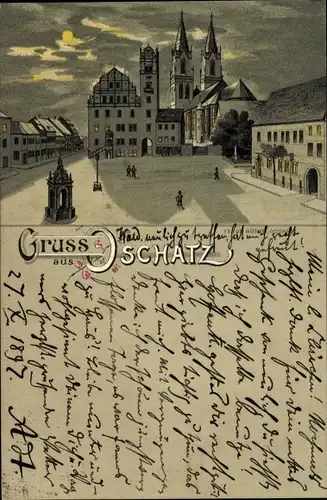 Mondschein Litho Oschatz in Sachsen, Marktplatz, Kirche