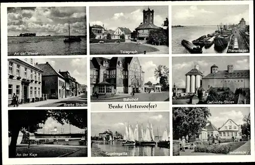 Ak Brake an der Unterweser in Oldenburg, Bahnhof, Segelregatta, Breite Straße, Getreide Silos