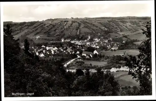 Ak Mulfingen Jagst, Panorama der Siedlung, Felder, Fluss