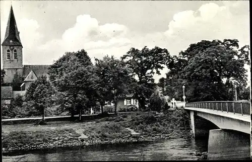 Ak Haselünne im Emsland, Teilansicht, Kirche, Brücke