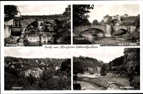 Ak Dillweißenstein Pforzheim im Schwarzwald, Wasserfall, Nagold, Schwimmbad