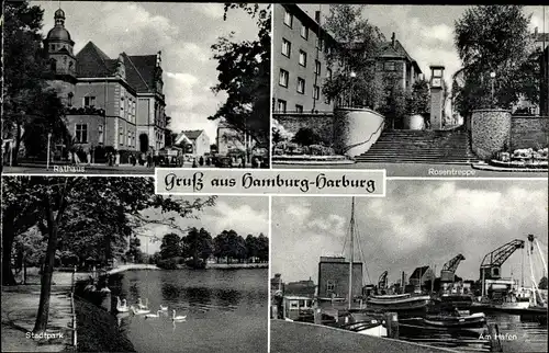 Ak Hamburg Harburg, Rathaus, Rosentreppe, Hafen, Stadtpark mit Schwänen