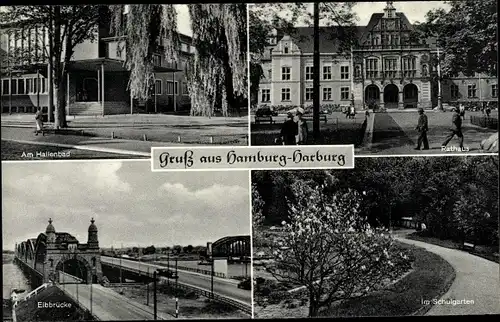 Ak Hamburg Harburg, Hallenbad, Elbbrücke, Rathaus, Schulgarten