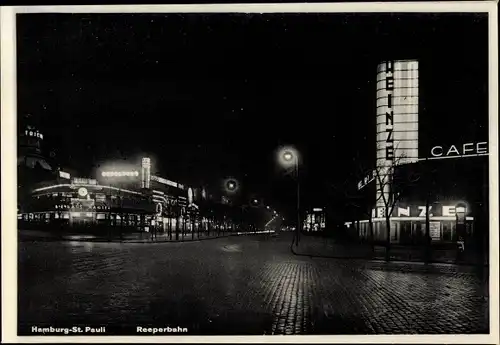 Ak Hamburg St. Pauli, Ansicht der Reeperbahn bei Nacht, Heinze Café, Leuchtreklame