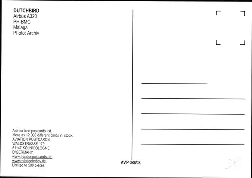 Ak Niederländisches Passagierflugzeug Dutch Bird, Airbus A320, PH-BMC