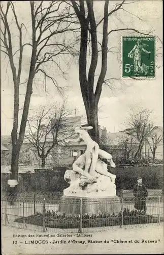 Ak Limoges Haute Vienne, Jardin d'Orsay, Statue du Chene et du Roseau