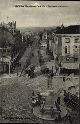 Ak Limoges Haute Vienne, Place Denys Dussoubs, Boulevard Montmailler, Tramway