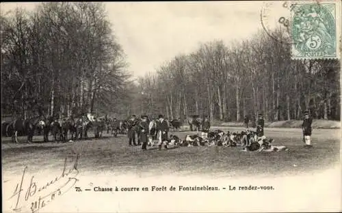 Ak Fontainebleau Seine et Marne, Chasse a courre en Foret, Le rendez-vous