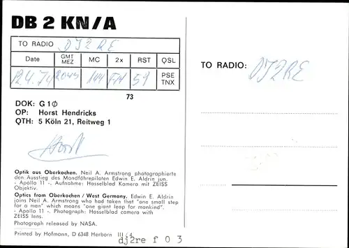 Ak QSL Funkerkarte, DB2KN A, Horst Hendricks, Köln, Apollo 11, Mondlandung, Edwin Aldrin