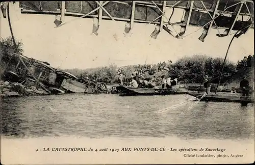 Ak Les Ponts de Cé Maine et Loire, Catastrophe 1907, les operations de Sauvetage