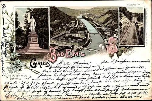 Vorläufer Litho Bad Ems im Rhein Lahn Kreis, Kaiser Wilhelm Denkmal, Malbergbahn, Panorama, 1895