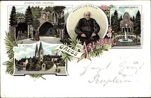 Litho Arenberg Koblenz, Pastor J. B. Kraus, Grotte von Lourdes, Kirche, Erlöserkapelle