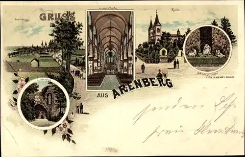 Litho Arenberg Koblenz, Kirche St Nikolaus, Innenansicht, Schlafende Jünger, Lourdesgrotte