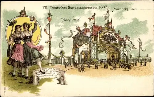 Litho Nürnberg in Mittelfranken Bayern, XII Deutsches Bundesschießen 1897, Frauen in Trachten