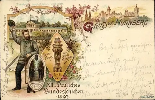 Litho Nürnberg in Mittelfranken Bayern, XII Deutsches Bundesschießen 1897