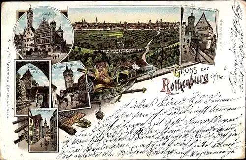 Litho Rothenburg ob der Tauber Mittelfranken, Rathaus, Klingentor, Kobolzellertor, Blick auf den Ort