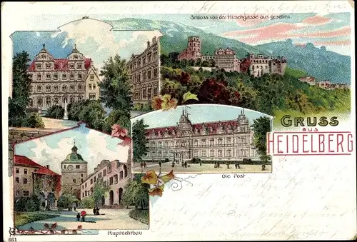 Litho Heidelberg am Neckar, Schloss von der Hirschgasse gesehen, Ruprechtbau