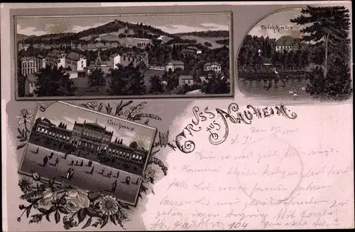 Litho Bad Nauheim in Hessen, Kurhaus, Teichhaus, Blick auf den Ort, Sonnenaufgang