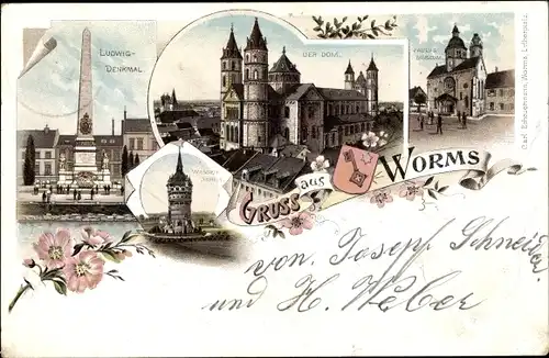 Litho Worms in Rheinland Pfalz, Ludwig Denkmal, Dom, Wasserturm, Paulus Museum