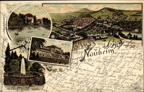 Litho Bad Nauheim in Hessen, Kurhaus, Sprudel, Teichhaus, Blick auf den Ort
