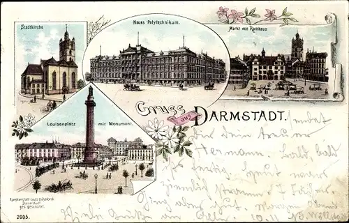 Litho Darmstadt in Hessen, Markt, Rathaus, Louisenplatz, Stadtkirche, Polytechnikum