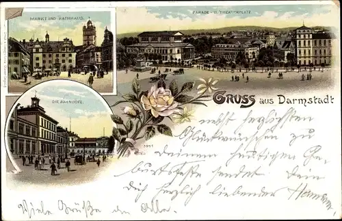 Litho Darmstadt in Hessen, Marktplatz, Rathaus, Parade und Theaterplatz, Bahnhöfe