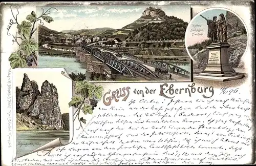 Litho Bad Münster am Stein Ebernburg Bad Kreuznach, Hutten Sickingen Denkmal, Rheingrafenstein