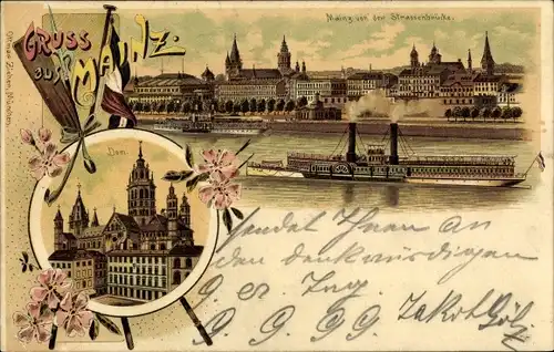 Litho Mainz am Rhein, Salondampfer, Dom, Blick von der Straßenbrücke